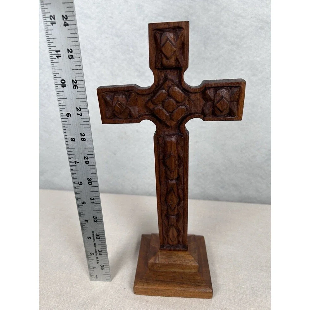 VTG Wood table top cross 75 hand-carved 12 in signed dated folk art chip-carving